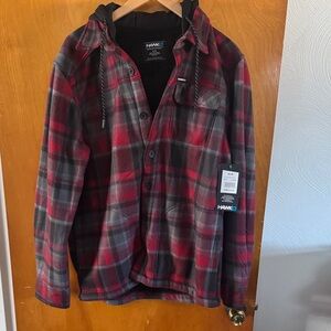 Tony Hawk Shirt Jacket Mens Medium Fleece Sherpa Lined Red Plaid